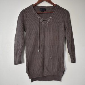 Attention brown rib knit tight sweater with 3/4 sleeves & lace up v-neck